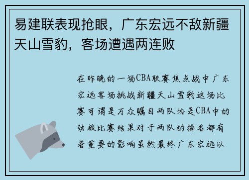 易建联表现抢眼，广东宏远不敌新疆天山雪豹，客场遭遇两连败