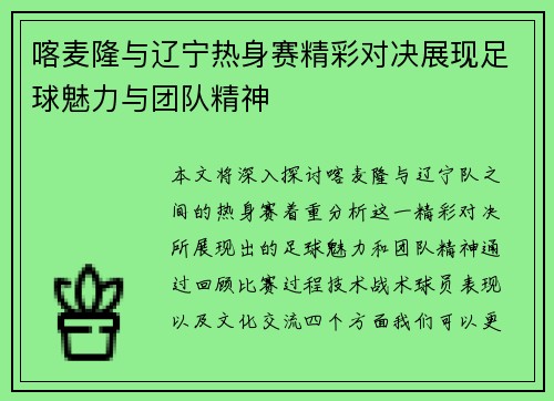 喀麦隆与辽宁热身赛精彩对决展现足球魅力与团队精神